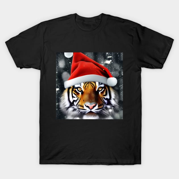 Tiger with Christmas Hat T-Shirt by SmartPufferFish